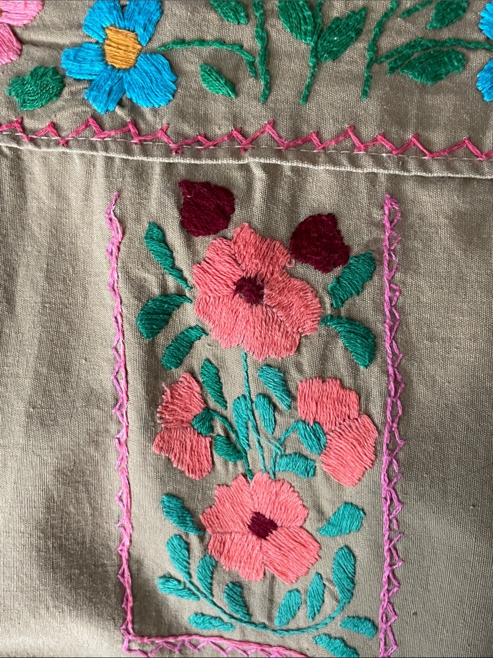 Vintage Hand Embroidered Khaki Mexican Puebla Maxi Dress - Picture 6 of 12